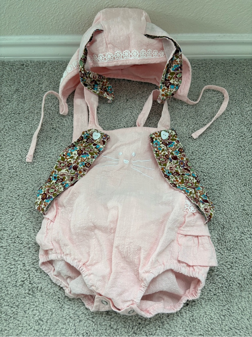 Pink Baby Vintage Style Cotton Bunny Bubble Romper & Bunny Ear Bonnet